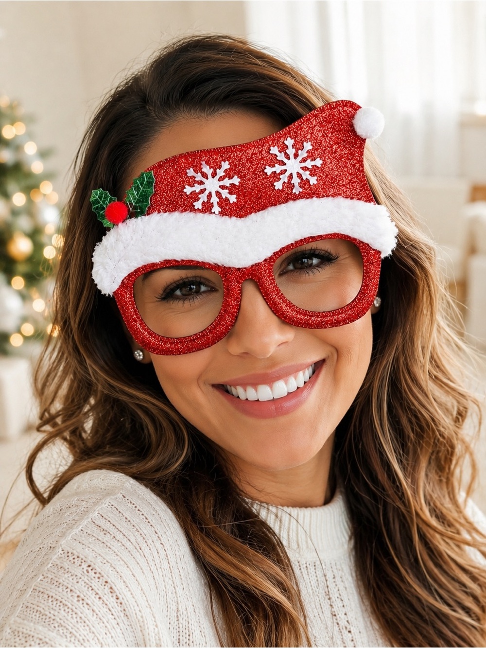 Festive Red Santa Hat Glitter Glasses - Holiday Party Photo Booth - New